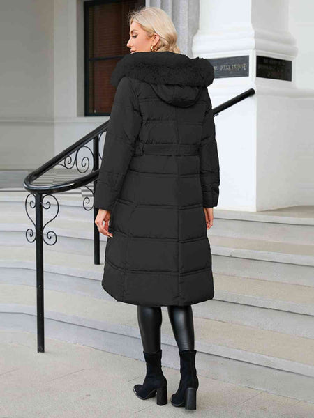 Longline Hooded Winter Coat with Pockets