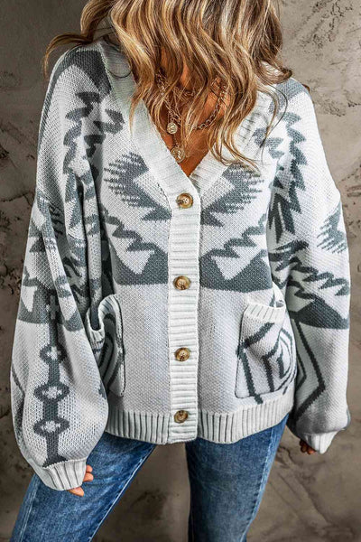 Printed Button Up V-Neck Long Sleeve Cardigan